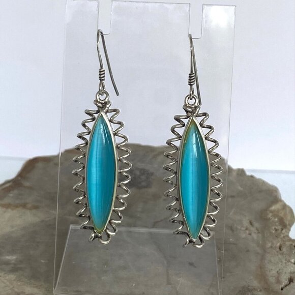 Sterling Silver 925 Marquise Turquoise Blue Cats Eye Spiral Dangle Earrings - Picture 11 of 16